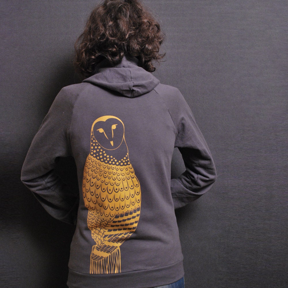 Owl Sweatshirt Concrete Gray Grey - Amercian Apparel Hoodie - Gold Feather Owl Print  Woodland Forest Tree - sealmaiden
