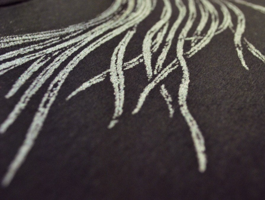 Womens Fashion T shirt with Silver Feather  - Metallic Peacock Feather Print  - Black T shirt