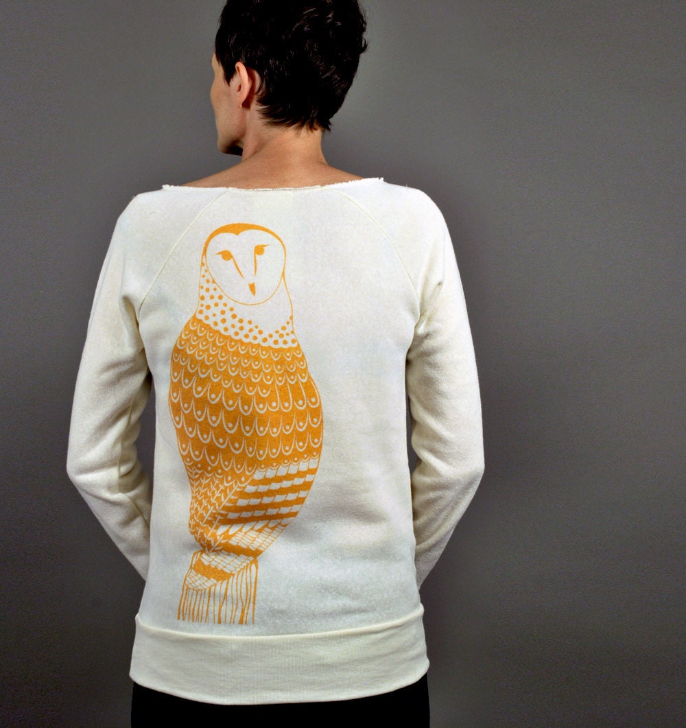 SALE MEDIUM Cream Owl Sweatshirt Eco Fleece Gold Owl Print Bird Feather Woodland Spring Fashion