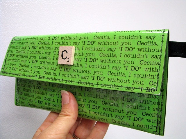 Personalized vinyl clutch or wallet with scrabble button  Under 15 dollars OOAK You PICK wording, color card stock and scrabble tile.