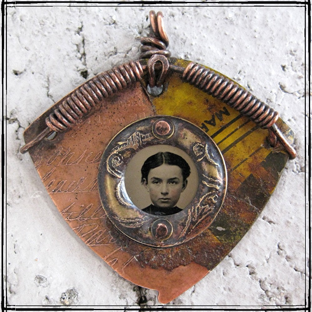 Original OOAK etched mixed metal pendant with tintype photo LONGING