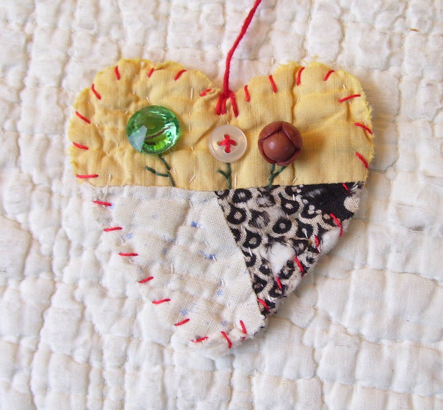 BLOOMIN BUTTONS Heart Snippet Ornament - Stitched From Recycled Vintage Quilt Piece - Featuring Old Buttons