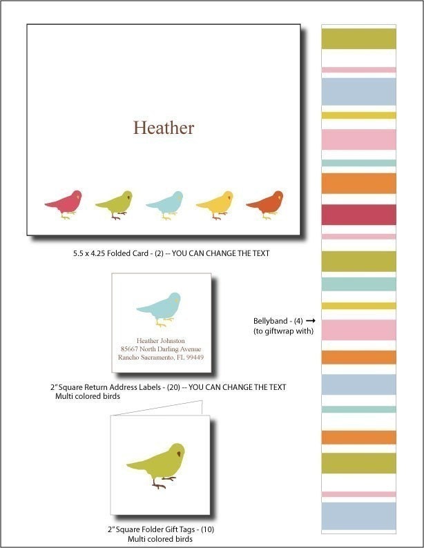 Birds in Row - Printable - Personalized and EDITABLE Stationery Set (8 Pieces) - pdf templates - You change the text