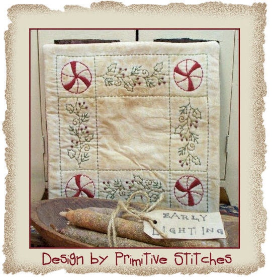 Primitive Candle Mat Stitchery Pattern-E-PATTERN-Peppermint Holly Candle Mat-Instant Download