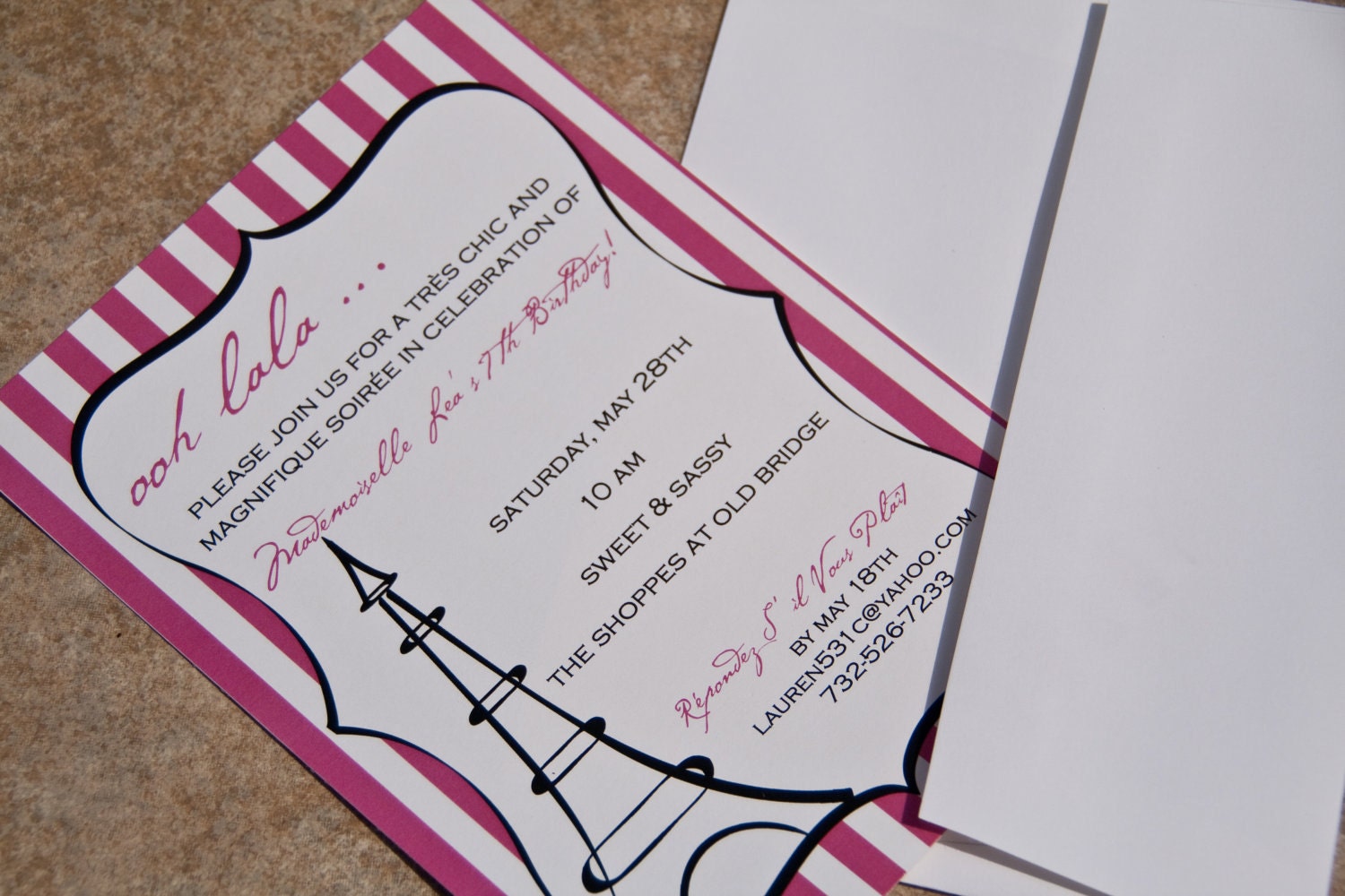 French Parisian Eiffel Tower Pink Stripe Birthday Party Invitation set of 10 by Belleza e Luce Il_170x135
