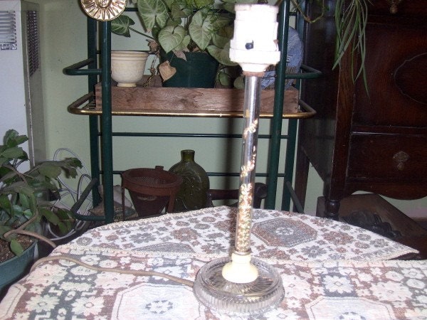 Vintage Glass Table Lamp Clear Glass Base and Stem with Flowers Twining Inside