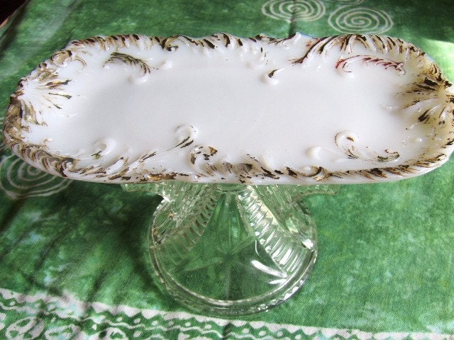 Milk Glass Victorian Cake Stand  Pedestal Cupcake Stand Candle Stand Trinket Dish made With Vintage Components Wedding