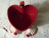 Red Heart Cupcake Dish Ceramic with Ceramic Feet Red Painted Toes