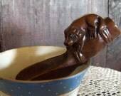 Netsuke Tea Scoop Spoon Hand Carved Wood Dog Signed Vintage