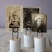 handmade. cut wood. wooden and wire photo holders.