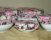 Fabric Food Bowl Reusable Lid Cover Bright Pink Green Brown Floral (4 Piece)