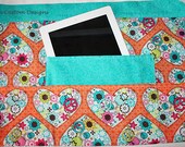 Teacher iPad Half Apron Vendor Craft Art Orange Heart Flower Turquoise Aquamarine Blue Fabric (4 Pockets)