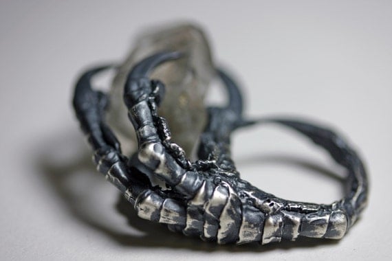 the messenger. crow claw & quartz crystal ring. sterling silver.