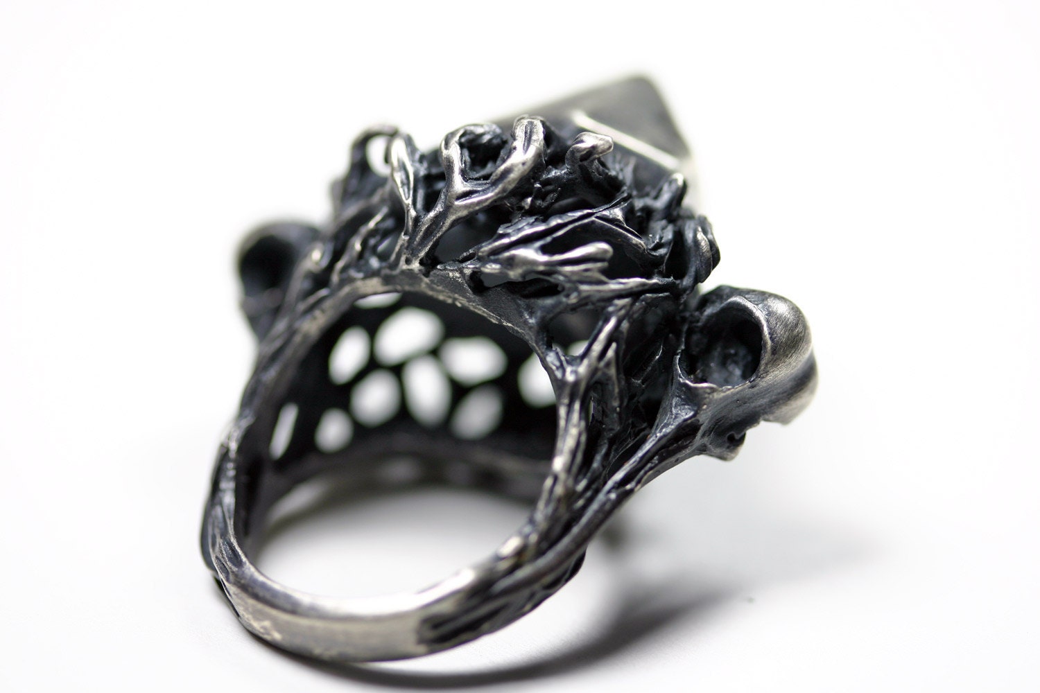 nesting in the underworld. cast crystal and hummingbird skull ring.