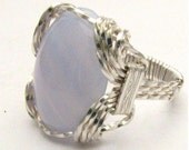 Wire Wrapped Light Blue Lace White Stripes Agate Gemstone Sterling Silver Ring.  Custom Sized to fit you.
