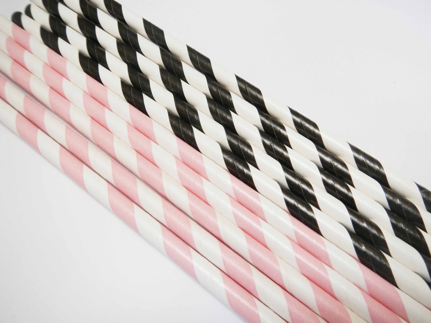 60 Baby Pink & Black White Striped Paper Straws - Parties, weddings,   FREE DIY Flags
