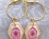 purple, white and pink polymer clay cane slice flowers in resin earrings