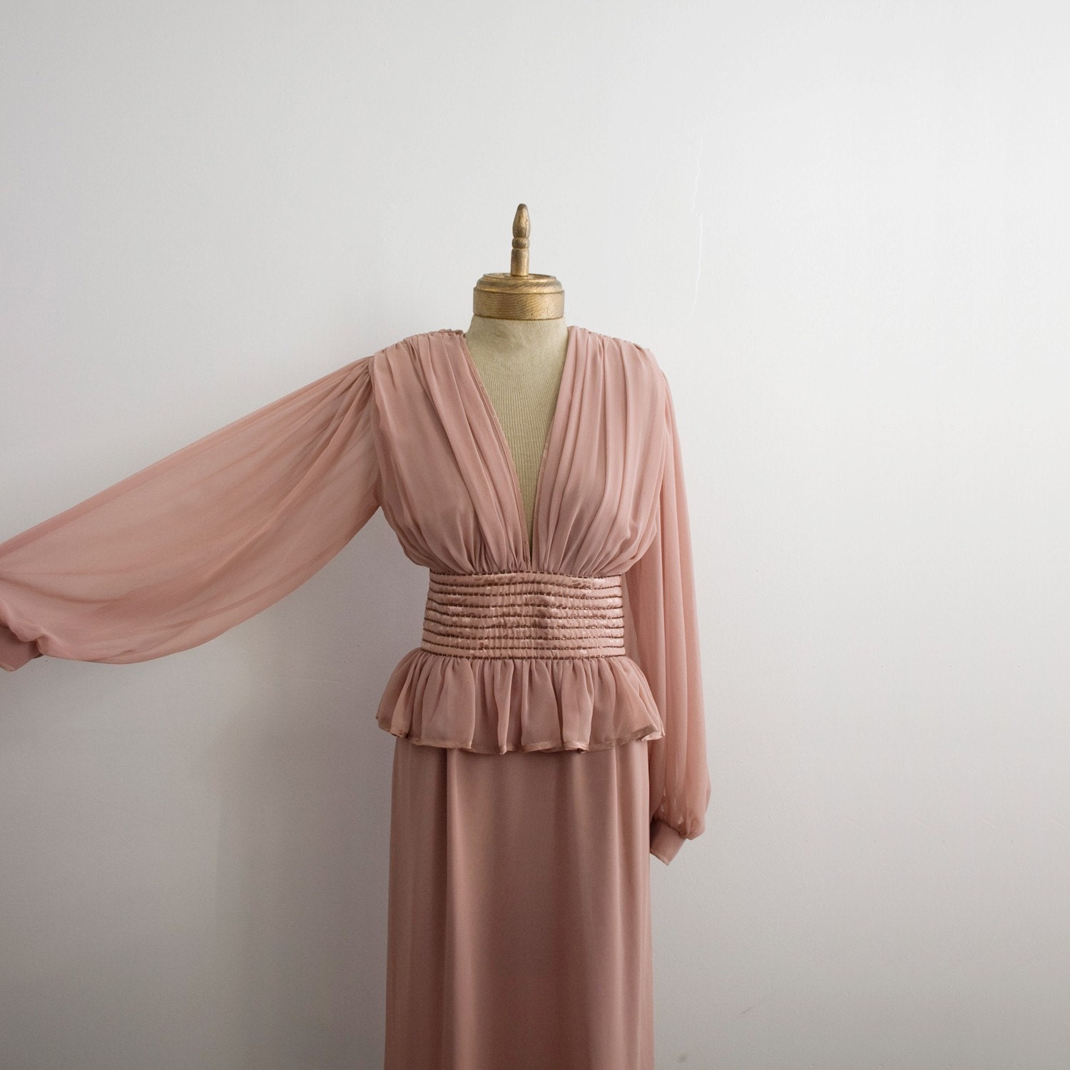 pink champagne VINTAGE couture draped silk evening DRESS size S-M