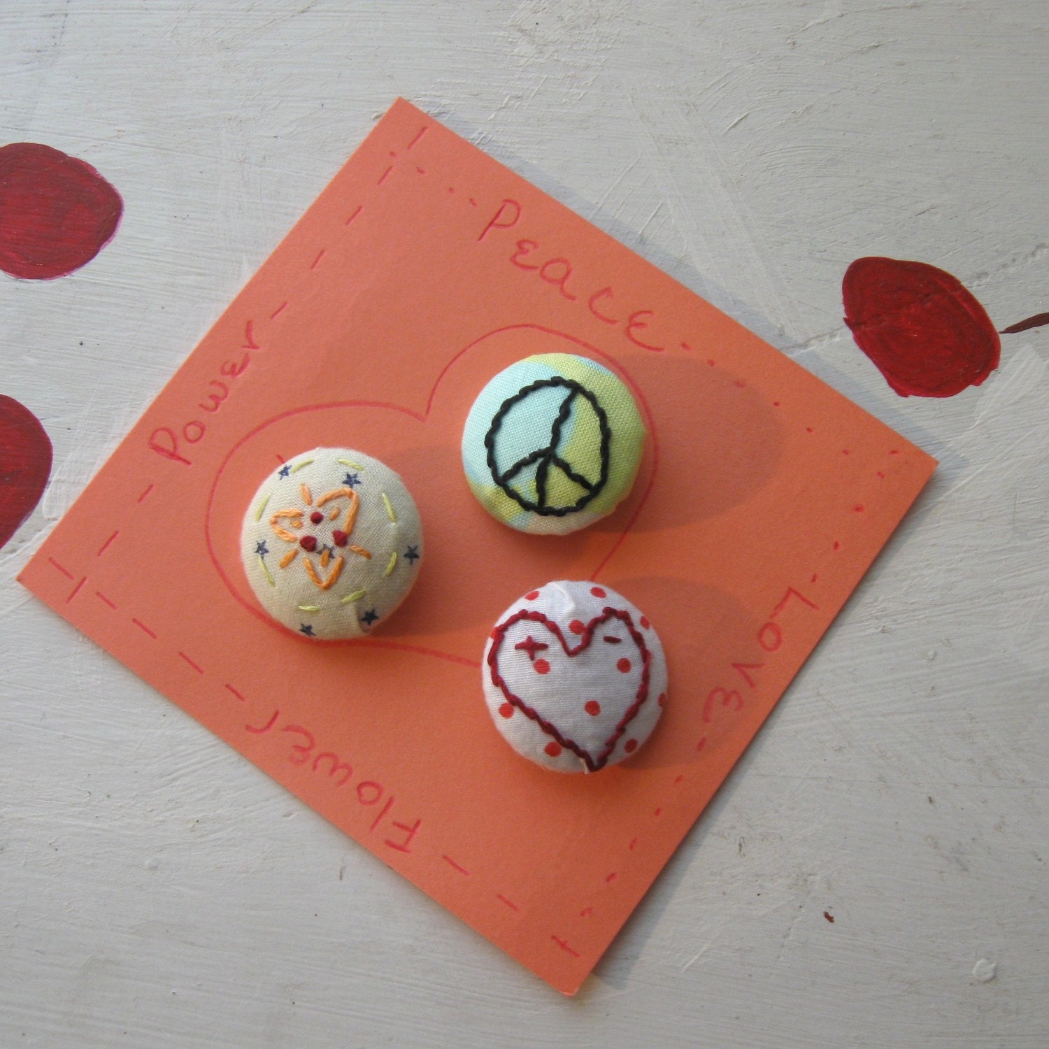 BUTTONS HANDMADE EMBROIDERED Set Boho Hippie Style "Peace, Love & Flower Power"