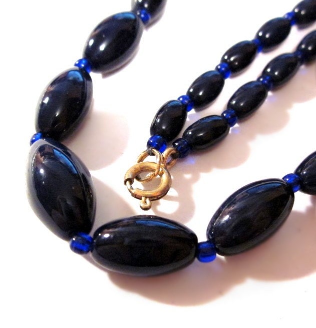 Navy Blue Glass Bead Necklace Vintage Costume by VintagePennyLane