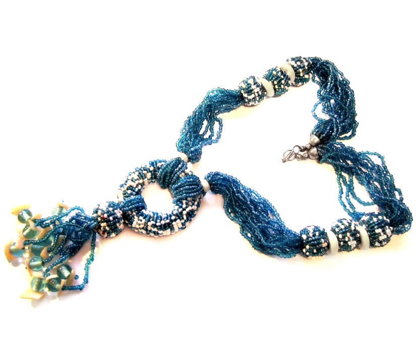 Vintage Bead Necklace, Blue Glass Bone Mother of Pearl