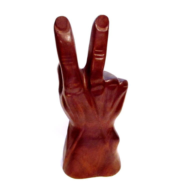 RESERVED FOR potterygirl1 - Vintage Wood Hand Sculpture / Carved Peace Sign Hand Art Sculpture Figurine / Carving