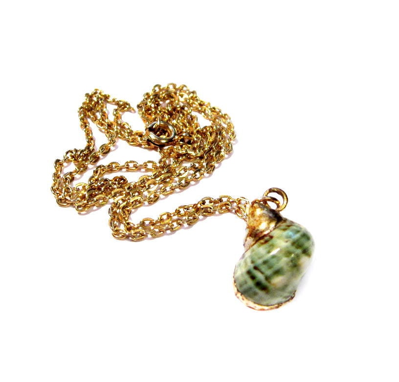 Vintage Shell Necklace, Gold Chain, Snail Seashell Pendant, Costume Jewelry
