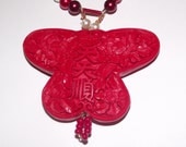 statement butterfly necklace oriental red and pearl style