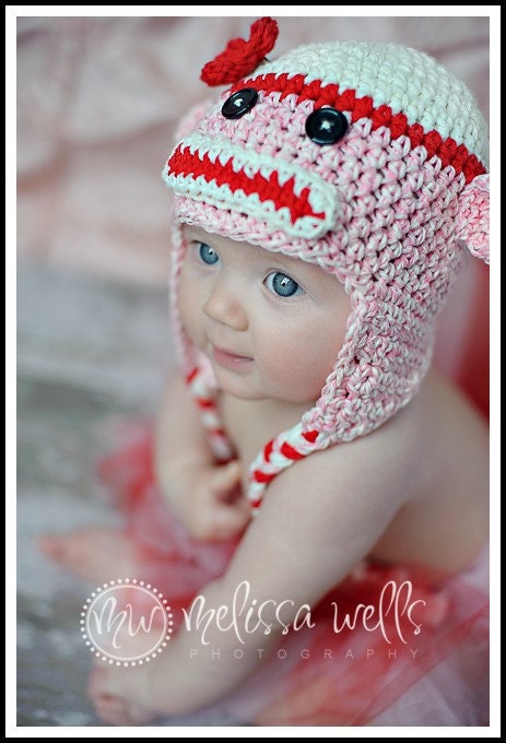 Custom Crochet Sock Monkey Earflap Beanie Baby Hat
