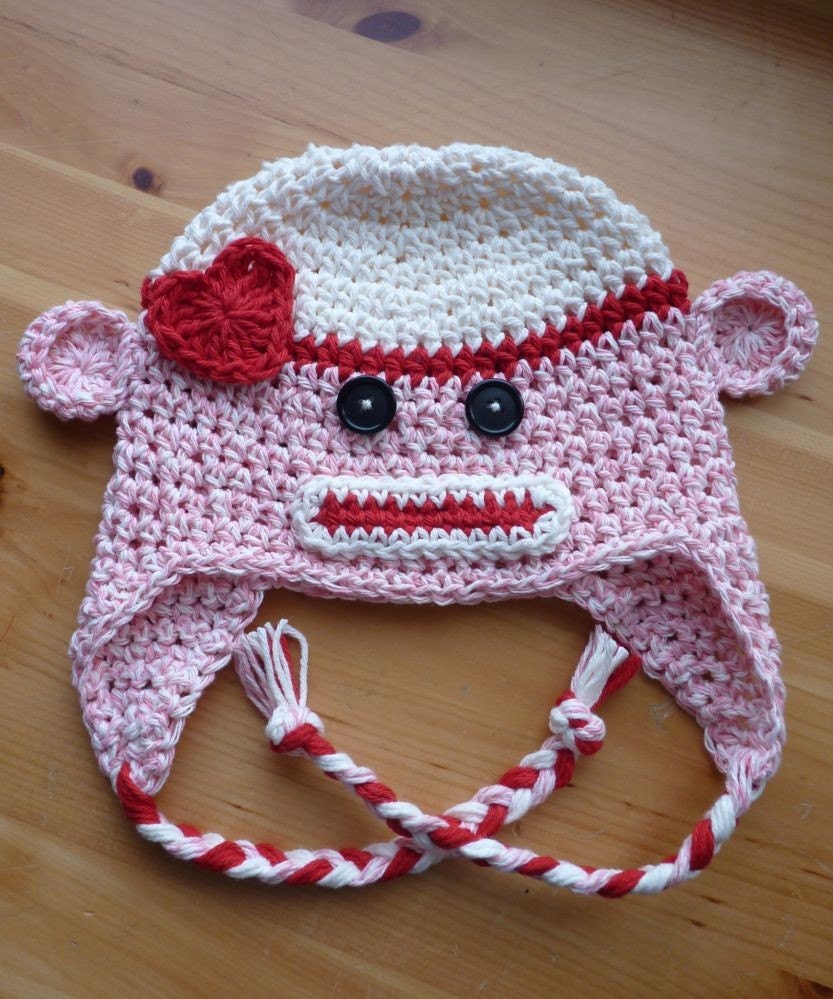 Custom Crochet Sock Monkey Earflap Beanie Baby Hat