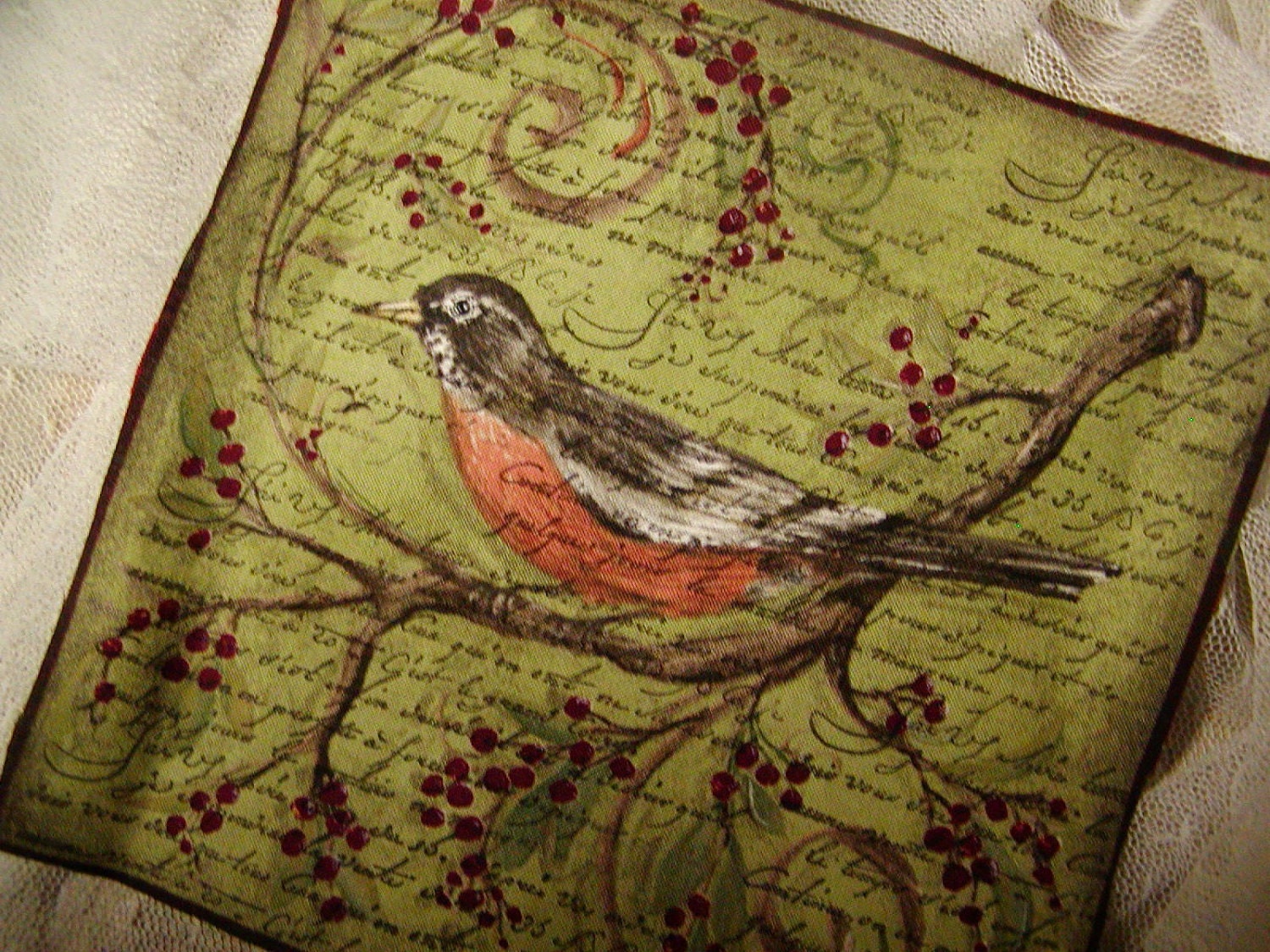 French Inspired Bird Fabric - French Script (0253)