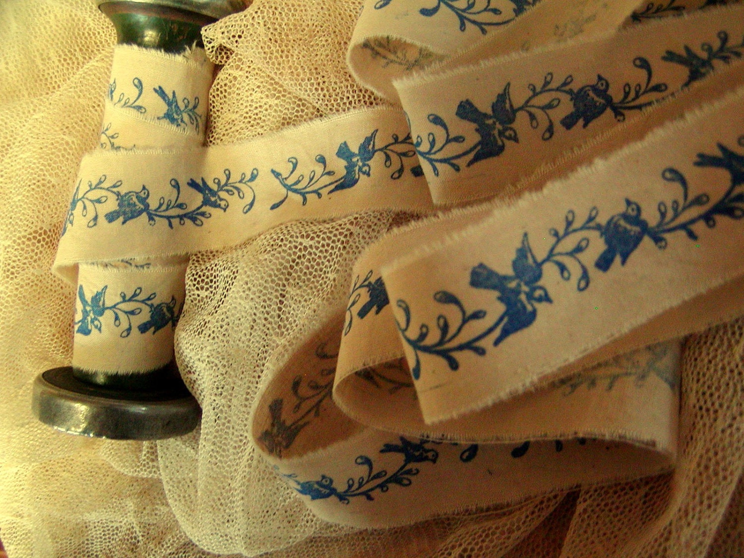 Blue Birds on a Trailing Vine - Hand Stamped in Royal Blue - 2 yards (0336)