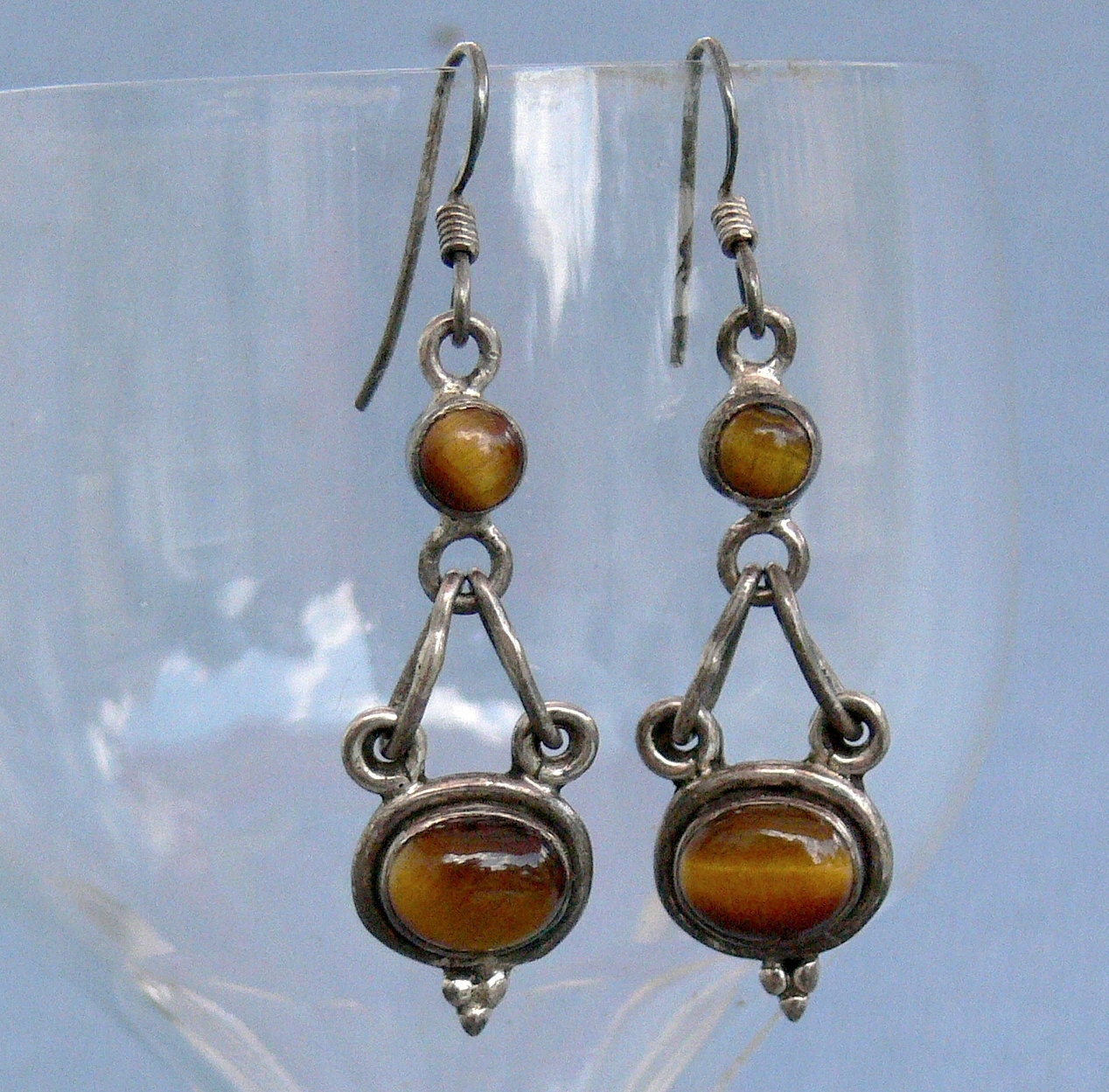 Vintage Earrings Sterling Silver & Tigers Eye Modernist Style