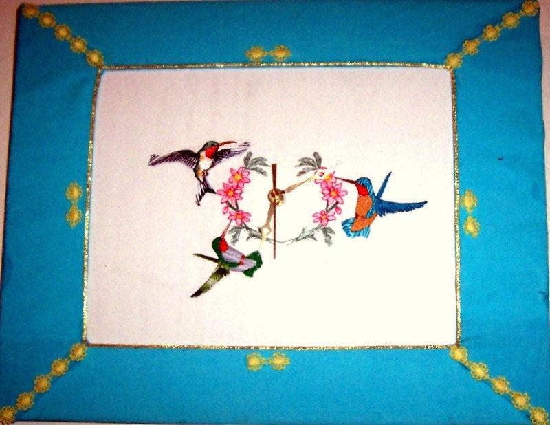 Hummingbird fabric framed embroidered wall clock on white canvass