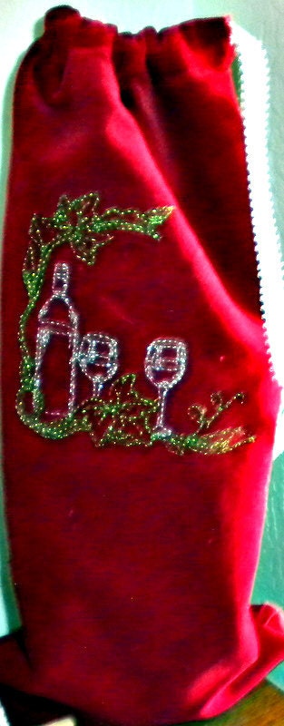 Red velveteen embroidered lined wine bottle gift bag