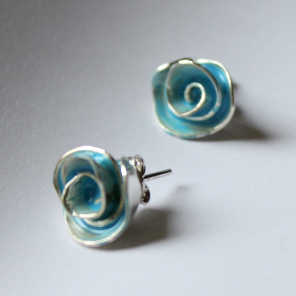 Soft Robin's Egg Blue Enamel Rose Stud Earrings