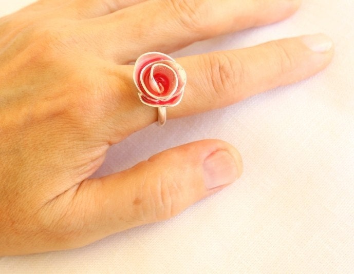 Summer Pink Enamel Metalwork Artisan Unique Designer Rose Ring