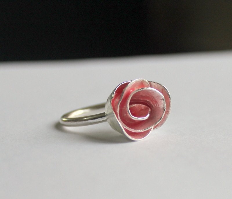 Summer Pink Enamel Metalwork Artisan Unique Designer Rose Ring