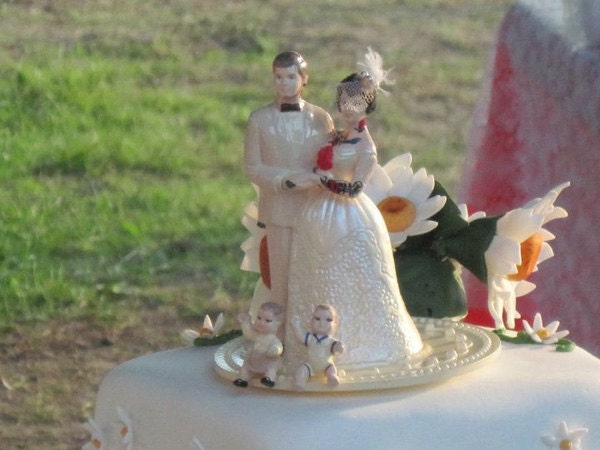 Custom Tattooed Family Wedding Cake Topper with Kids or Pets . Painted and Personalized to Resemble You