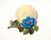 Vintage Enamel Blue Flower Rhinestone Brooch