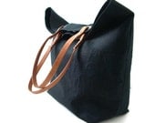 Casual Tote Bag, Black Linen Tote with Tan Leather Handles, Basic Tote, Beach Bag, Women, Large Tote Bag, Market Tote Bag