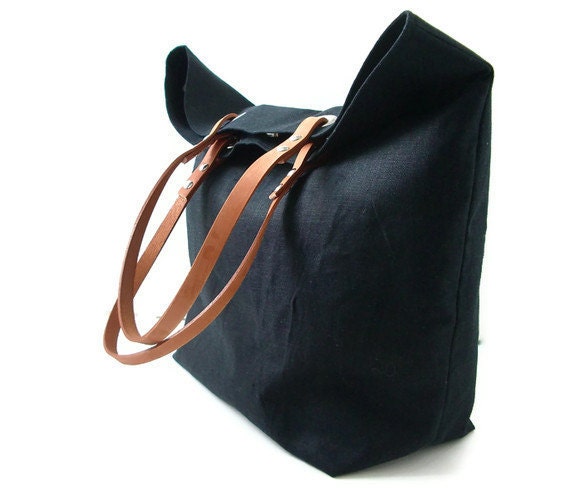 Casual Tote Bag, Black Linen Tote with Tan Leather Handles, Basic Tote, Beach Bag, Women, Large Tote Bag, Market Tote Bag