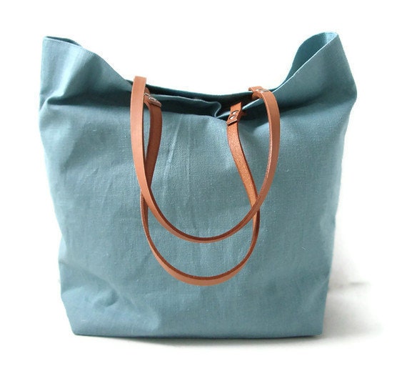 Linen Tote Bag, Beach Bag - Mineral Blue Linen with Tan Leather Handles,Large Tote, Linen Handbag for Women