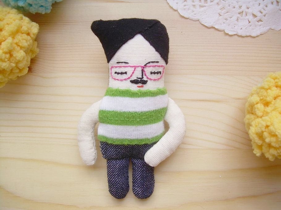 Moustache Boy Brooch Mr. Trendy - Upcycled Rag Doll