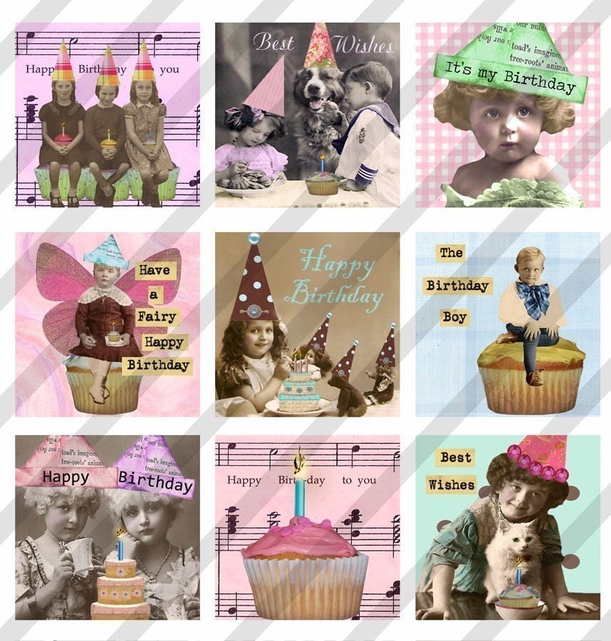 Digital Collage Sheet  Altered Art Slide Images  1.5 X1.5  Happy Birthday (Sheet no. FS64) Instant Download