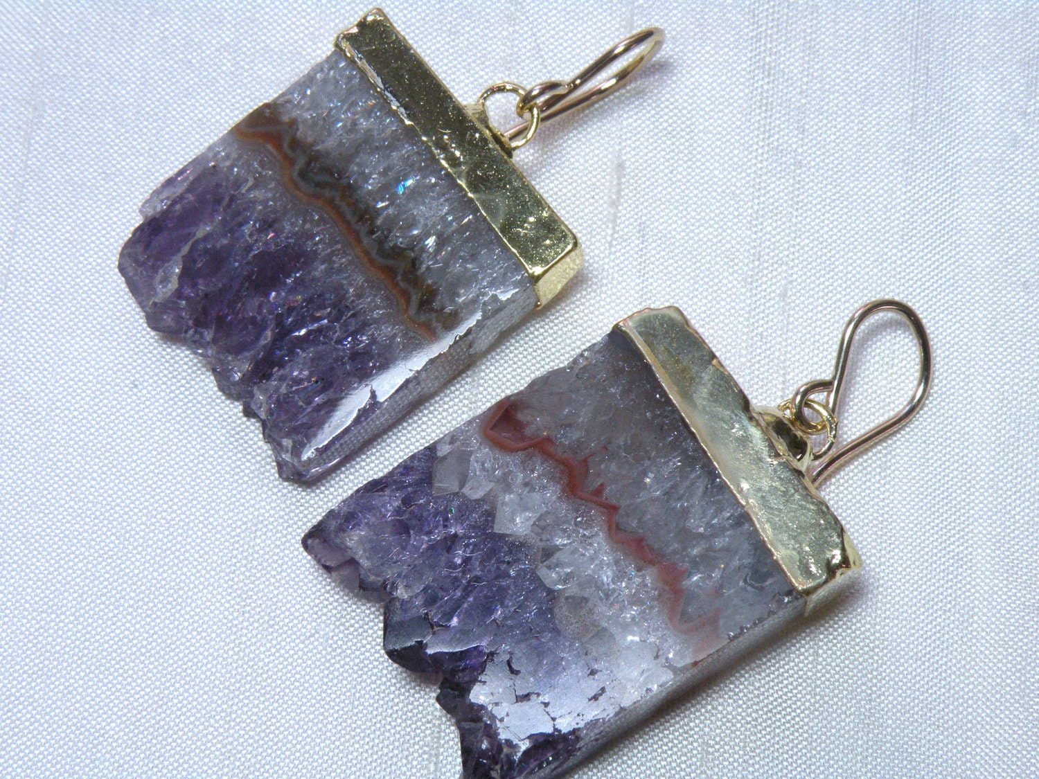 Amethyst Geode Slice Druzy Earrings with Gold Edge-001