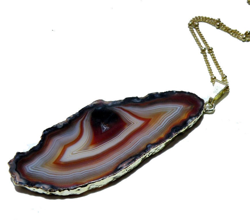 Agate Geode Slice White Red and Brown Pendant with Gold Dipped Edge