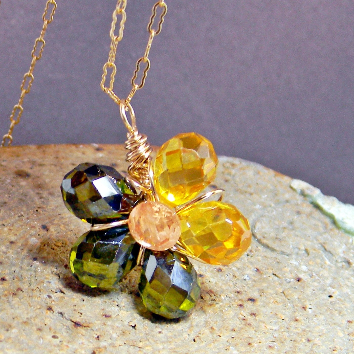 Handmade Cubic Zirconia Pendant Wire Wrapped Flower Gold - Flower - Green - Yellow  - Gift - Under 100 dollars