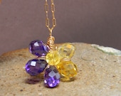 Cubic Zirconia Pendant Purple Yellow Flower Handmade Gold Wire Wrapped
