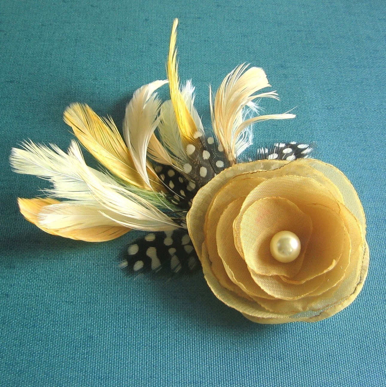 Hello Sunshine - Yellow Chiffon Flower Hair Clip with Feathers